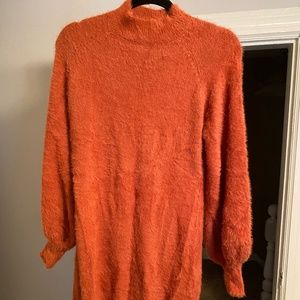ZESICA Orange Fuzzy Bodycon Turtleneck with Long Puff Sleeves  (Medium)